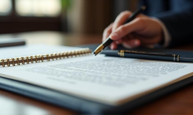 A desk with legal documents and a fountain pen, symbolizing contract review